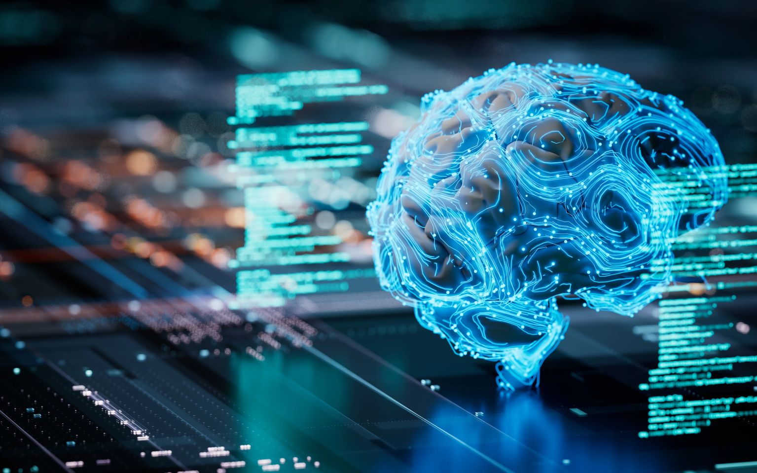 Ilustração digital de um cérebro conectado a circuitos, representando inteligência artificial